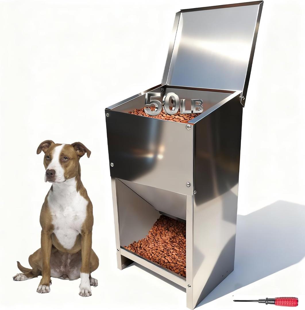 Dog Feeder - 50 Lb Kibble Large Capacity, Stainless Steel Anti-Corrosion Durable, Automatic Gravity, Outdoor-Ready Self-Feeding for Medium & Large Dogs