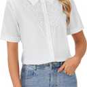LYANER Women's Lace Collar Neck Short Sleeve Button Down Elegant Work Shirt Blouse Top (White, XS)