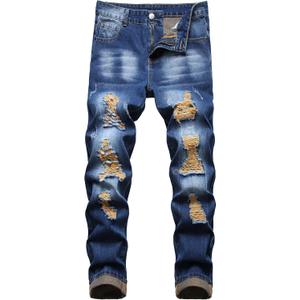 QIMYUM Mens Ripped Jeans, Distressed Destroyed Slim Fit Straight Leg Denim Pants (28, Dark Blue891)
