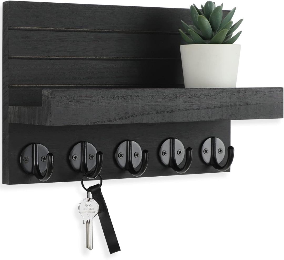 Lwenki Key Holder for Wall, Decorative Key and Mail Holder with Shelf Has Large Hooks for Bags, Coats, Umbrella  Paulownia Wood Key Hanger with Mounting Hardware (9.8W x 6.7H x 4.2D) (Black)