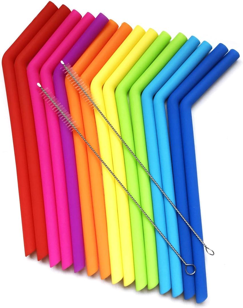 15 FITS ALL TUMBLERS STRAWS - Reusable Silicone Straws for 30 and 20 oz Yeti - Flexible Easy to Clean + 2 Cleaning Brushes - BPA Free, No Rubber Taste Drinking - Best Value for Money Pack  (red, pink, orange, yellow, purple, blue, light blue, grass green)