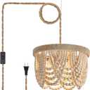 AMZASA Plug in Chandelier Boho Woven Hemp Rope Wooden Beaded Farmhosue Hanging Pendant Light Fixture with 14.8FT Cord On/Off Switch 3 Lights for Nursery Bedroom Living Room Dining Room UL Listed