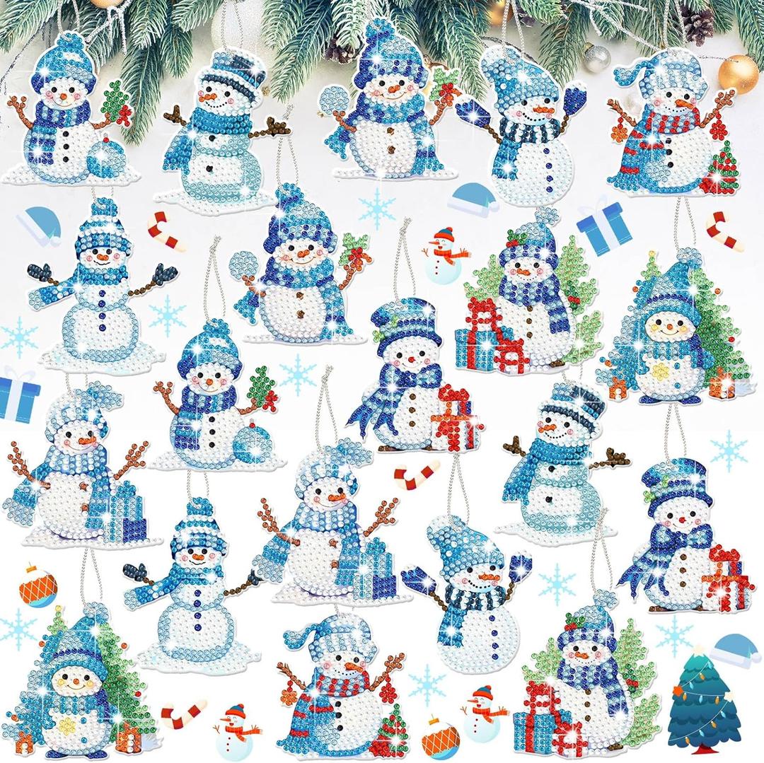 Skylety 20 Pcs Christmas Diamond Art Ornaments Snowman Diamond Painting Kit for Adult 5d DIY Xmas Gift Wrap Tags with Rope Winter Hanging Ornaments for Home Christmas Party Craft Decor(Blue)