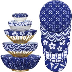 Patelai 10 Pcs Bowl Covers Reusable in 5 Size Stretch Cloth Fabric Elastic Food Storage Bowl Covers Bread Sourdough Lids for Proofing Food Fruits Leftover(Blue White,Stylish Style)