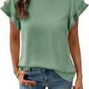 Dokotoo Summer Tops for Women 2026 Casual Round Neck Ruffle Cap Sleeve Blouse Shirts Solid Color Tunic Tops M