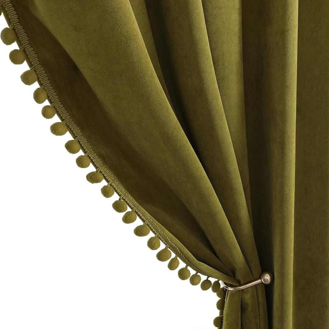 Benedeco Olive Green Velvet Curtains for Bedroom Window with Pom Pom, Super Soft Luxury Drapes, Room Darkening Thermal Insulated Rod Pocket Curtain for Living Room, W52 by L96 inches, 2 Panels