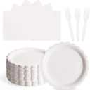 105PCS Paper Plates and Napkins Set, 7 Inch Scalloped Disposable Tableware with Forks for Birthdays, Garden Parties & Outdoor Events, Serves 35 (White)