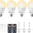 Rechargeable Light Bulb with Remote and Timer for Sconce and Lamp, Battery Backup Night Light, E26 Detachable Charging, Magnetic Base, 3 Lighting Colors, Dimmer, 7W, Lanyard Included, 4 Pack