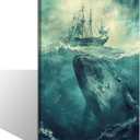 TIEHAOMAI Humpback Whale Canvas Wall Art Blue Whale Paintings Sailing Ship Prints Nautical Ocean Animals Pictures for Home Office DecorAnimal-1,16x24inch (40x60cm)