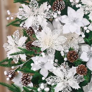 Hommtina 56 Pcs Christmas Decorations, 4 Styles Poinsettias Artificial Christmas Flowers Glitter Berries Stems Ornaments Tree with Pine Cones & Stems for Xmas Wedding DIY Wreath Floral Party (White)