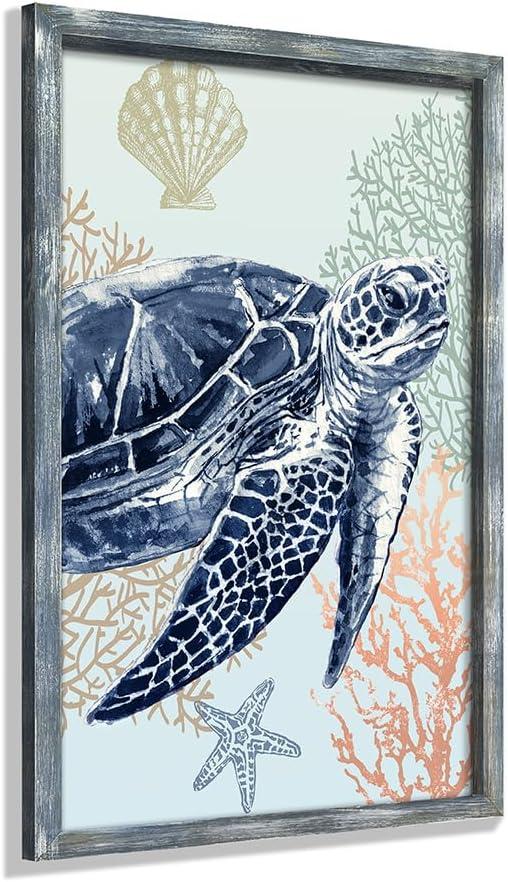 Sea Turtle Bathroom Wall Art: Teal Coastal Picture Wall Decor with Wooden Frame - Ocean Beach themed decor for Turtle Fans (24"L x 16"W)