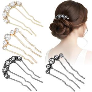 2Pcs Pearl U-Shaped Hair Pins for Buns, French Pins for Thick Hair Vintage Metal Twist-Style Hair Comb French Twist Hair Forks Metal Hairfork Hair Sticks Hair Accessories for Women (Black/Gold)
