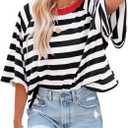 T-Shirt for Women Striped Short Sleeve Summer Top Shirts Color Block Comfy Blouse Shirts Basic Work Athletic Tee Shirt(1-Black,X-Large)