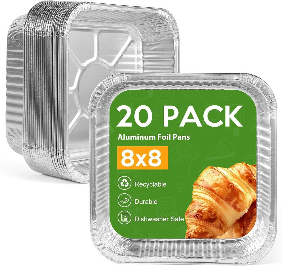 8"x8" Aluminum Foil Pans Disposable - 20 Pack Square Baking Pans Disposable Grill Accessories Meal Prep Containers Heavy Duty Tin Foil Pan for Baking Cake, Oven Cooking, Heating, Storing