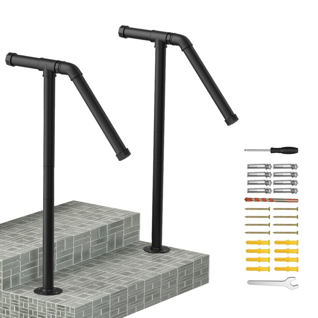 Outdoor Stair Railing Handrails for Outdoor Steps Sturdy Single Post Wrought Iron Handrail Set of 2, Black Stylish Porch Railing for Concrete Steps or Wooden Stairs, Fit 1 or 2 Steps