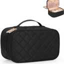 Relavel Makeup Bag, Small Makeup Bag for Women, Travel Cosmetic Bag, 2 Layers Waterproof Makeup Organizer Storage with Makeup Brush Holder, Black (MEDIUM)