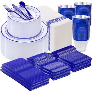 WELLIFE 700 Pcs Blue Plastic Plates for 100 Guests - Plastic Dinnerware Set,Party Supplies Includes 200 Blue Plates,300 Disposable Silverware,100 Napkins,100 Cups
