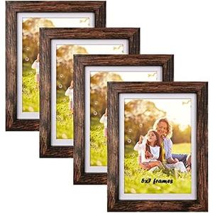 SESEAT 5x7 Picture Frames Wood Brown 4 Packs for Tabletop Display Wall Mount, Display Pictures 5x7 with Mat or 6x8 Without Mat