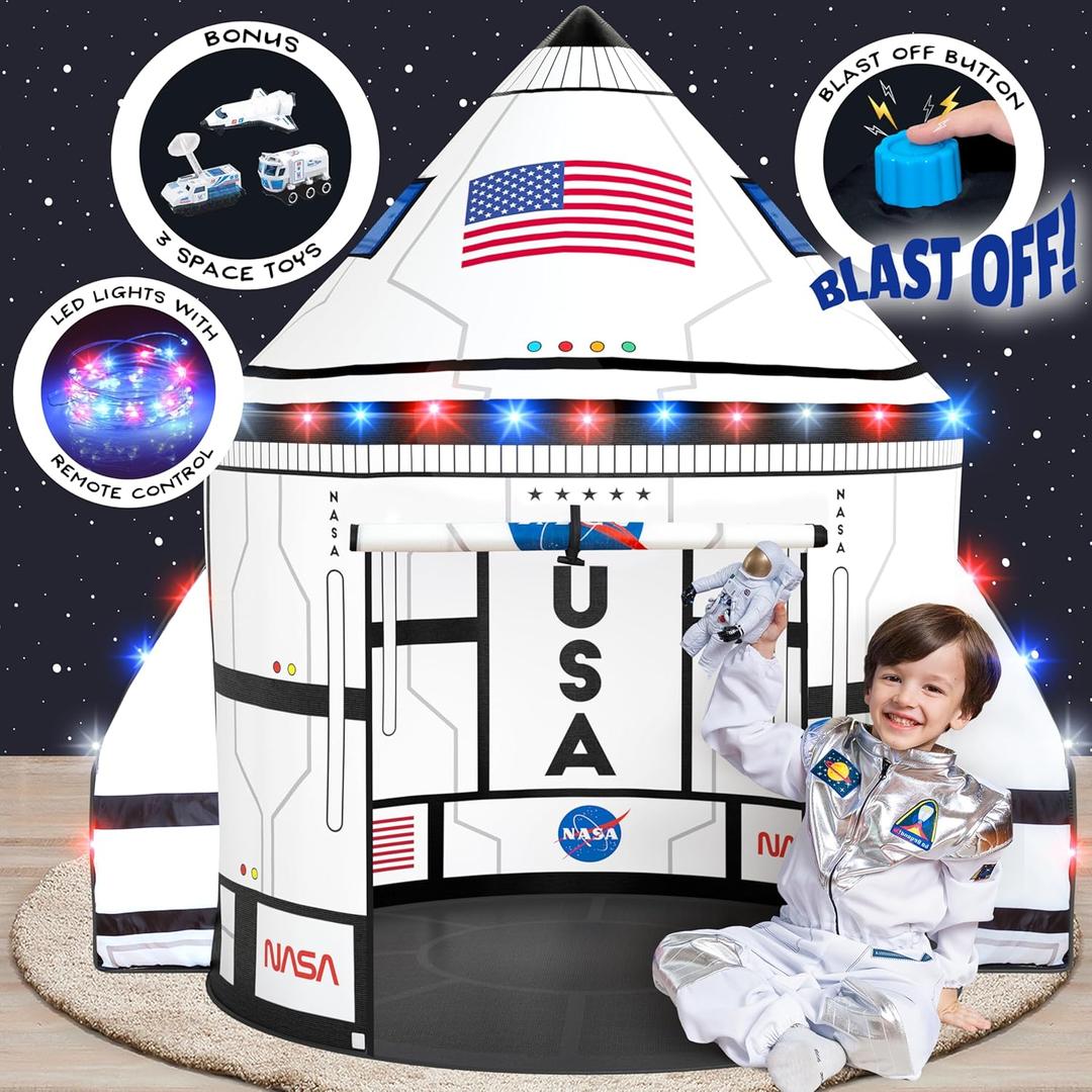 W&O Space Shuttle Explorer with Blast Off Button, 3 Space Toys & LED Lights - Kids Tent Indoor & Outdoor - Tent for Kids - Rocket Ship Play Tent Playhouse - Pop Up Tent Kids - Space Toys for Kids 3-5
