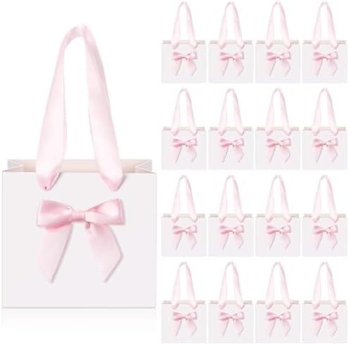 Kolldenn 50 Pcs No DIY Small Gift Bags with Bow Ribbon 4'' x 2.7'' x 4.5'' Mini Paper Thank You Bags Bulk with Handle for Baby Shower Party Favor Wedding Back to School Birthday(White and Pink)