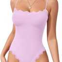 MANGOPOP Women's Cami Thong Bodysuit Double Lined Square Neck Backless Body Suit Adjustable Spaghetti Strap Tank Tops, M