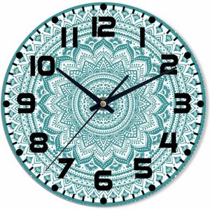 Teal Mandala Flower Wall Clock Battery Operated Retro Ethnic Lace Wall Clock Silent Non Ticking Quality Quartz 10 Inch Round Easy Clock to Read for Home Office