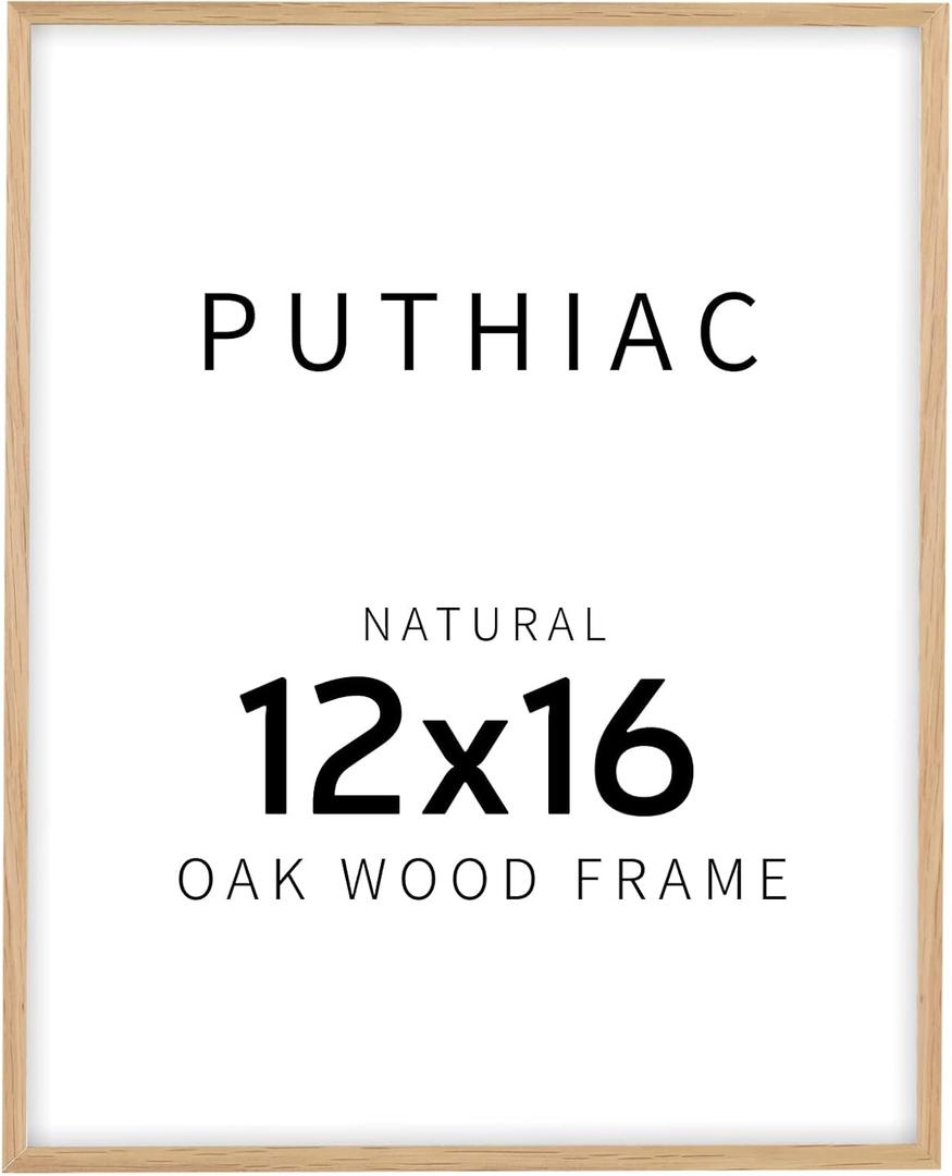 puthiac 12x16 Solid Oak Wood Picture Frame, Fits 8x12 with Mat or 12x16 Without Mat, Wall Display Only, Vertical or Horizontal, Plexi Front, 1 Pack, Natural Oak
