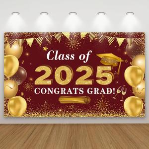 Graduation Decorations Congrats Grad Class of 2025 Backdrop - Maroon and Gold Grad Banner Background Photo Props Hanging Decorations for Indoor Outdoor 2025 Graduation Party Supplies(5X3ft)