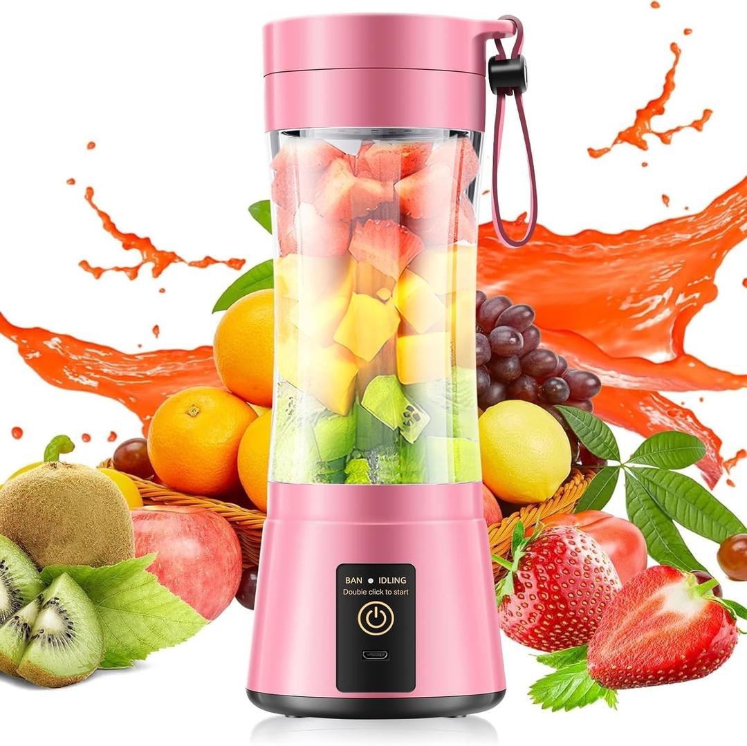 Portable Blender Make Shakes and Smoothies - USB Rechargeable Personal Size Mini Blender Freshly Squeezed, 380Ml BPA Free Travel Cup in Picnic/Office/Gym, Pink