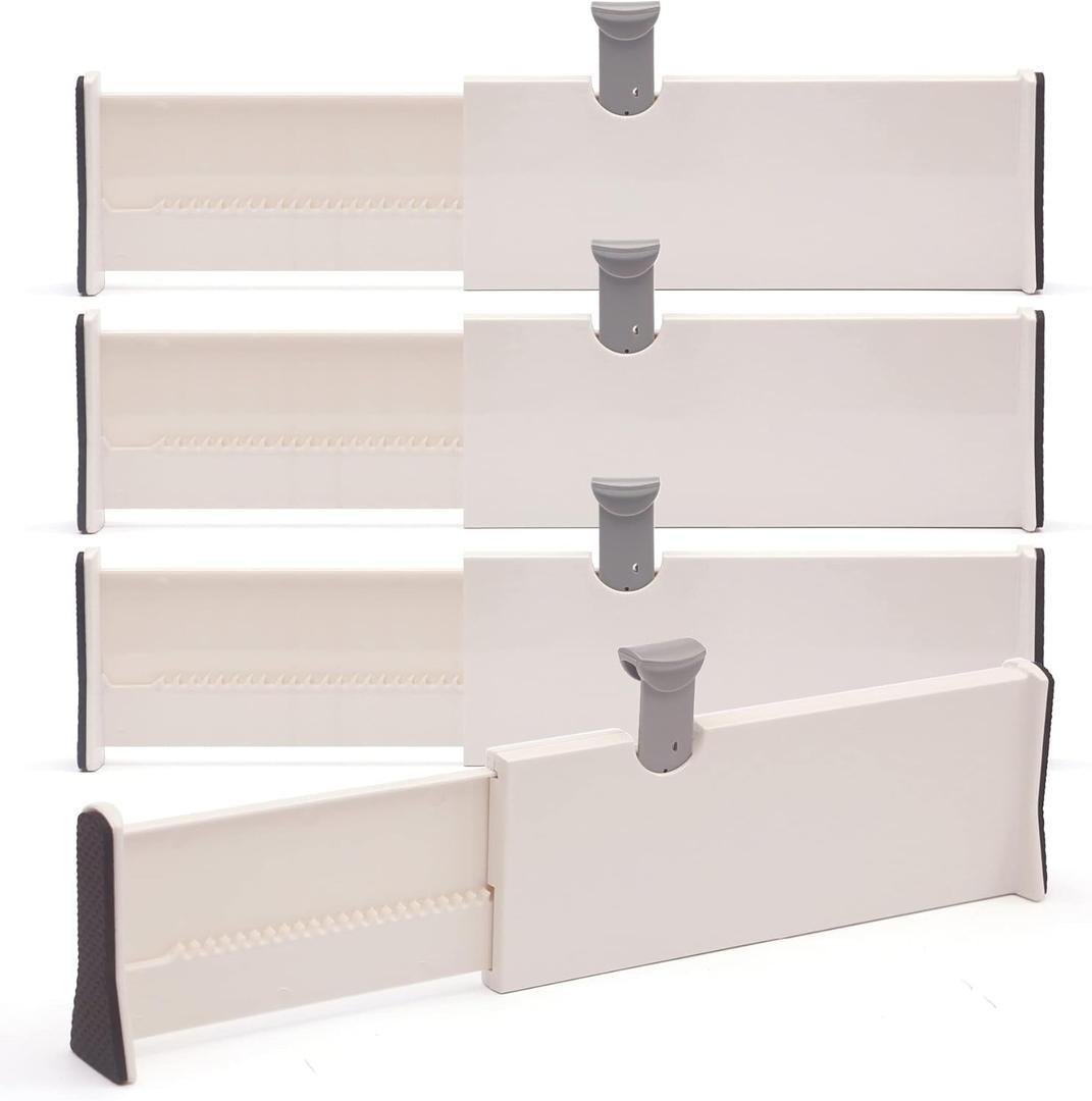 DIOMMELL 4 Pack Adjustable Dresser Drawer Dividers Organizers, Plastic Expandable Drawer Organization Separators for Kitchen, Bedroom, Closet, Bathroom and Office Drawers (Large)