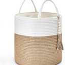 Mkono Woven Storage Basket Decorative Rope Basket Wooden Bead Decoration for Blankets,Toys,Clothes,Shoes,Plant Organizer Bin with Handles Living Room Home Decor, 11" W  11" L, Cream White and Brown