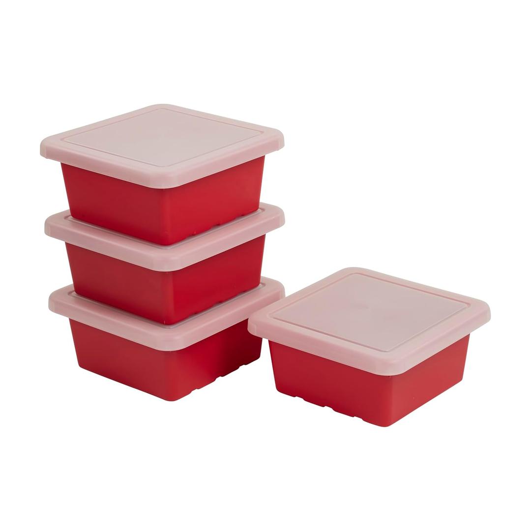 ECR4Kids Square Bin with Lid, Storage Containers, Red, 4-Pack