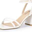 IDIFU IN3 Women's Strappy Heels Chunky Block Square Open Toe Adjustable Ankle Strap Heeled Sandals Slingback Thick Low Wedding Prom Bridal Dress Shoes for Women Short Small Heels (7.5, White Pu)