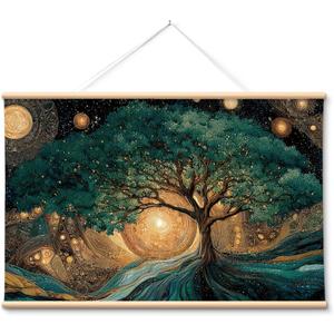 VIYYIEA Extra Large Canvas Wall Art, Tree of Life Abstract Wall Hanging with Wooden Scroll Frame, Spiritual Nature Decor for Living Room Bedroom Meditation Space, 36x54 Inch