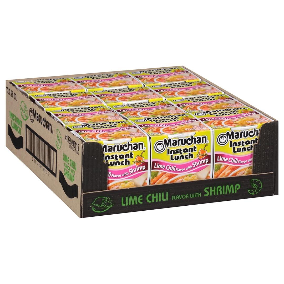 Maruchan Instant Lunch Ramen Noodles, Lime Chili with Shrimp Japanese-Style Instant Noodle Soup, Easy Meal Ready in 3 Minutes 2.25 Oz. (12 Pack) (EXP 03/11/27)