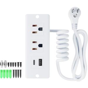 Drawer Outlet Kit, Recessed Furniture Power Strip, PD 20W Fast Charging Horizontal Outlet, Clutter-Free Drawer Socket with 2 USB(A & C) and 2 12 Amp AC Ports, 7.2 FT Power Cord, Spring Cable (White)