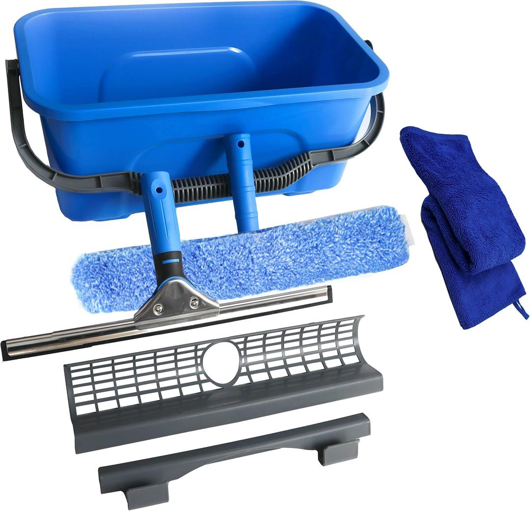 Squeegee with Shelf Storage for Window Cleaning,Window Cleaning Squeegee kit with Bucket&Microfiber Scrubber,Bathroom,Shower Doors,Mirrors,Tiles,and Car Windows Blue, 17.7"L x 10.63"W x 7.87"H