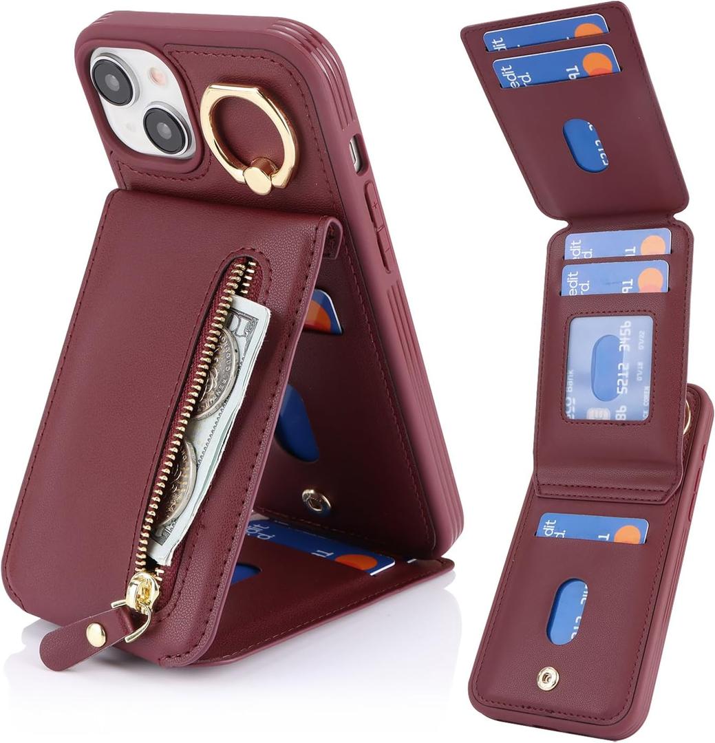 2 x for iPhone 15 Plus Case with Card Holder for Women,for iPhone 15 Plus Phone Case Wallet with Strap Credit Card with Kickstand Zipper Case for Apple15plus - Red Wine
