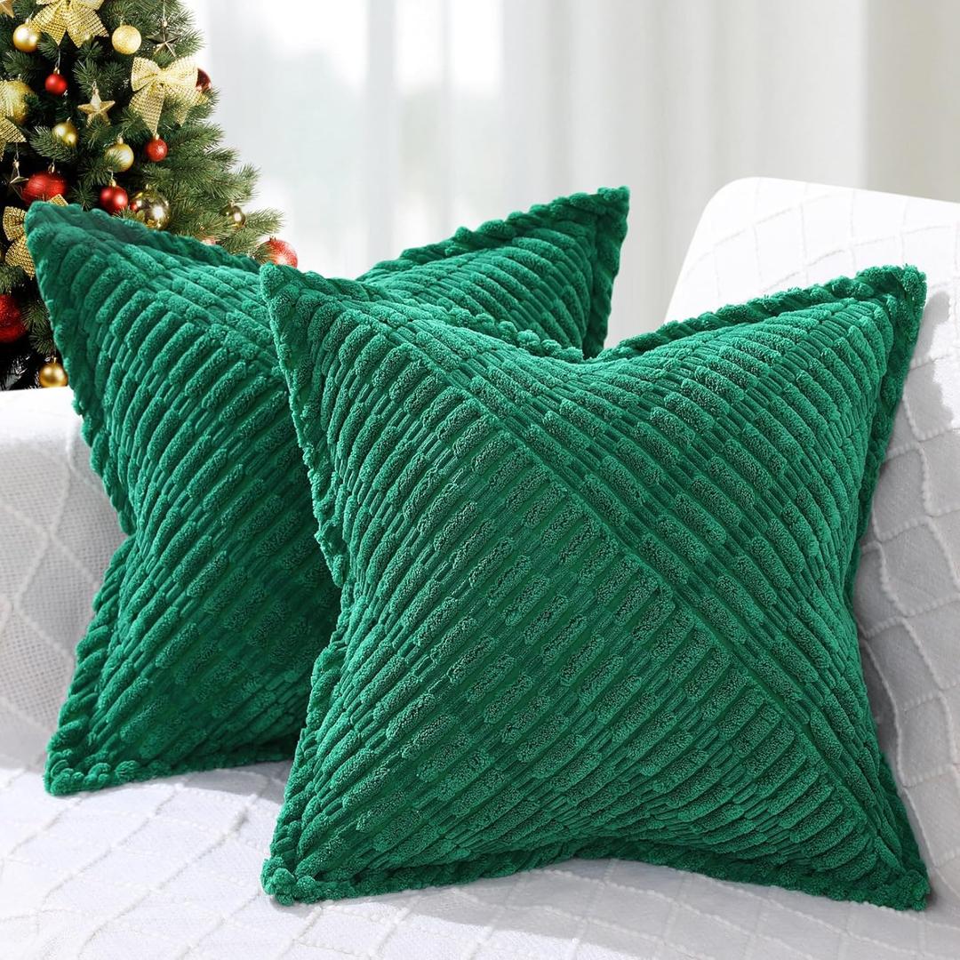 decorUhome Decorative Christmas Green Throw Pillow Covers 16x16 Set of 2 with Splicing, Boho Soft Neutral Corduroy Broadside Twill Pillow Covers for Couch Bed Sofa Living Room
