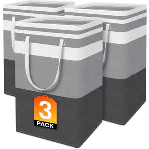 BlissTotes 3-Pack Laundry Basket, FreestandingWaterproof Laundry Hamper, Collapsible Tall Clothes Hamper with Easy Carry Handles for Clothes, Towels in the Family and Dorm,Gradient Grey,75L