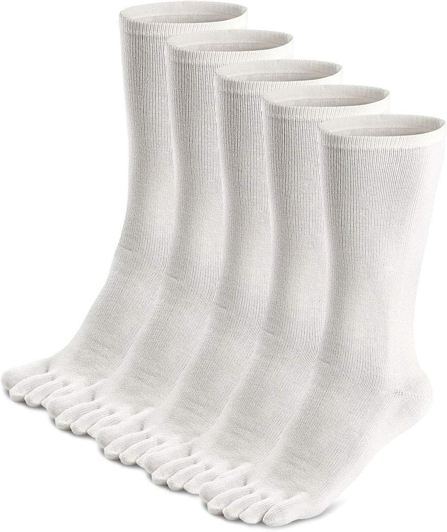 ZAKASA Mens Toe Socks Athletic Running Cushion Five Finger Cotton Crew Socks (11-13, White-5 Pairs)