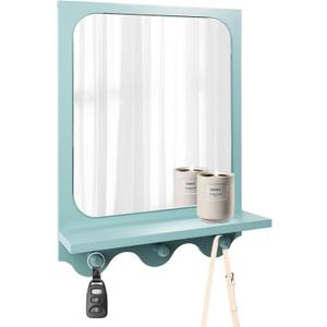 16 x 12 Inch Wooden Framed Wall Mounted Mirror with Shelf and 3 Hooks, Small Real Glass Entryway Hanging Mirror for Bedroom Bathroom Living Room, Blue