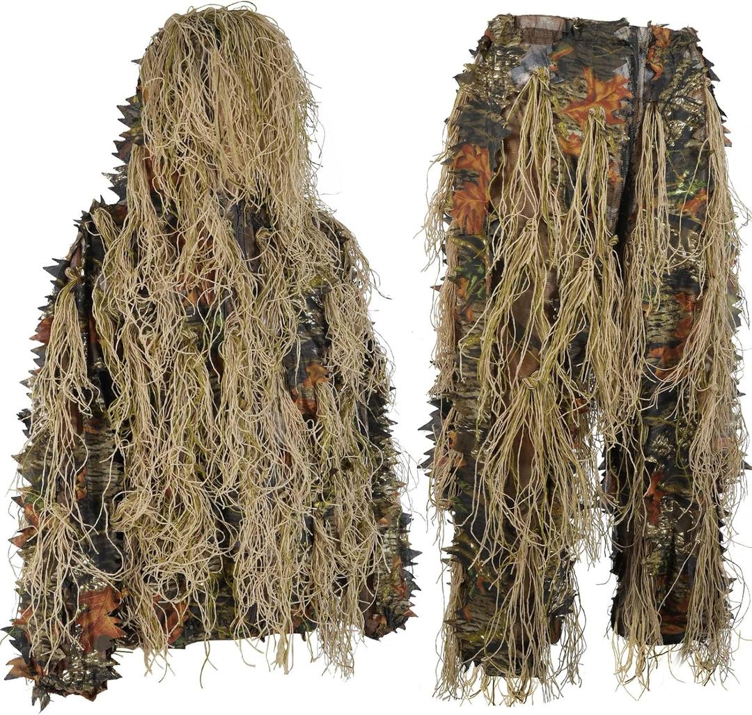 Ghillie Suit Gilly Hunting Suits Pants 3D Leaf Camo Camouflage Coveralls Youth Adult Lightweight Clothes for (Height 4.9 - 5.9 Ft)