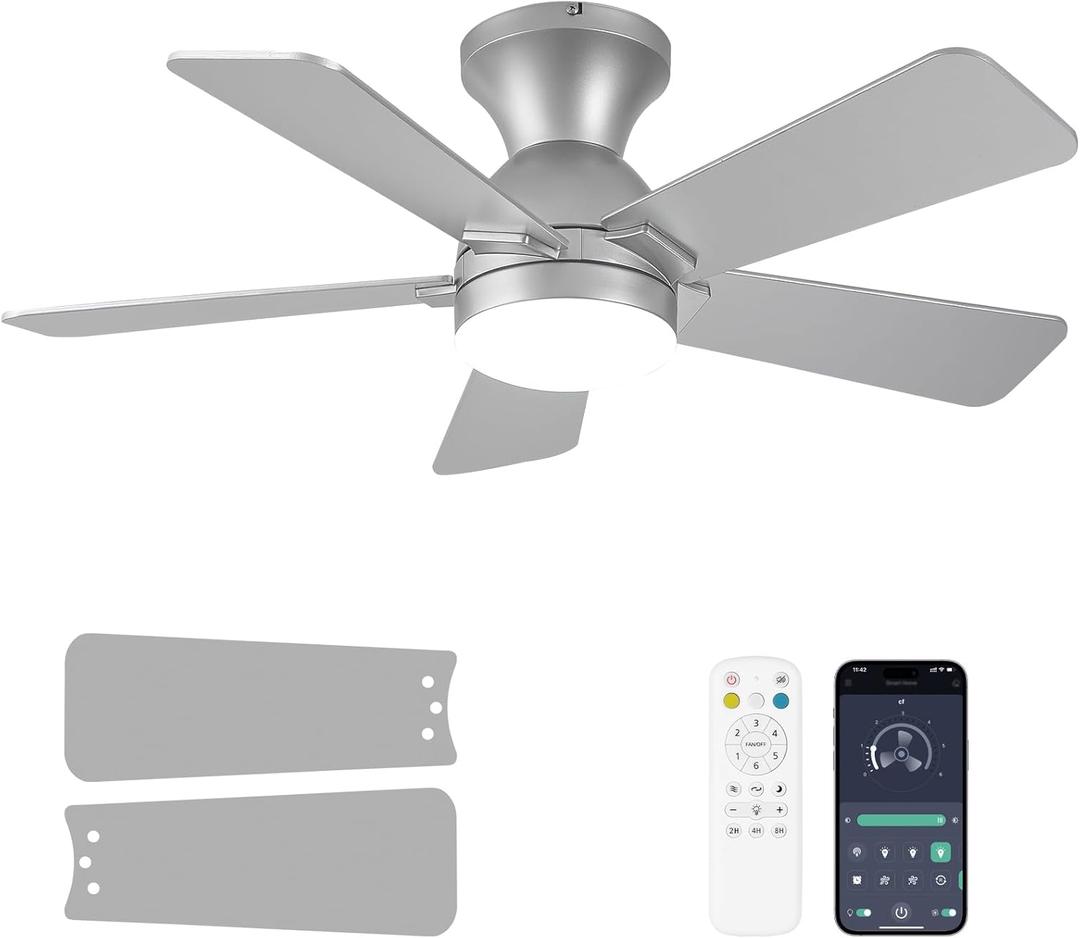 Ceiling Fans with Lights, 36 Inch Low Profile Ceiling Fan with Light and Remote Control, Flush Mount, Reversible, 3CCT, Dimmable LED, Quiet, Nickel Ceiling Fan for Bedroom, Kitchen,Office