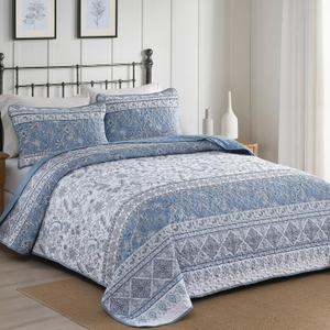 Yiran Blue Boho Quilt Set Queen Size Striped Bedspread Floral Bedding Set 3 Pieces Soft Microfiber Paisley Quilt with 2 Pillow Shams 96" x90''