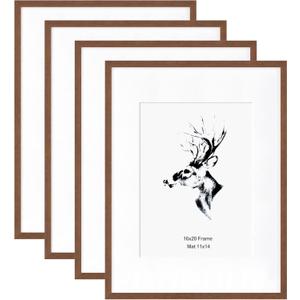 Yaetm 16x20 Picture Frame Matted to 11x14 Set of 4, Walnut Brown, Solid Wood 16x20 Frame for Photos, Posters & Art Prints, Horizontal and Vertical Wall Mount (4 pack, Walnut)