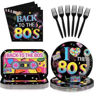96Pcs 80s Party Decorations Back to The 80's Theme Plates and Napkins Tableware Sets Retro Colorful Hip Hop Decorations for Birthday Wedding Anniversary 1980's Party Supplies, Serves 24