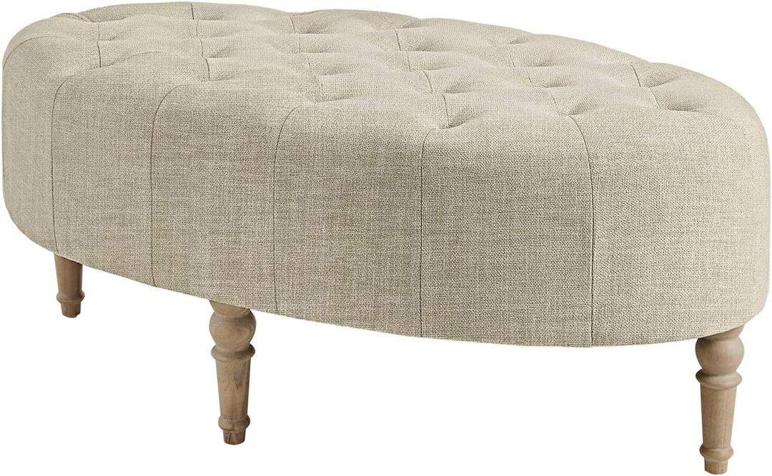 Martha Stewart Clara Coffee Table - Solid Wood Frame, Soft Fabric, Button Tufted, Oval Large Accent Ottoman - Modern Foam Padded Top Footstool Cocktail Living Room Furniture, Linen