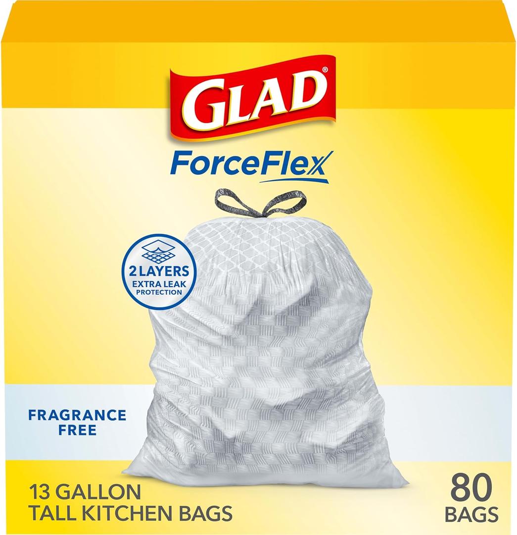 Glad ForceFlex Tall Kitchen Drawstring Trash Bags, 13 Gal, Fragrance Free, 80 Ct (Package May Vary) (80 Count (Pack of 1))