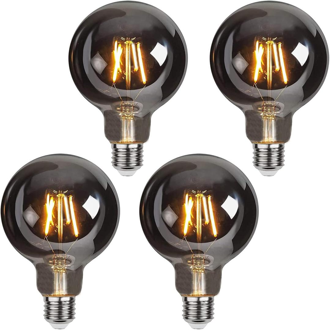 Lxcom Lighting G95 G30 Decorative Light Bulb 4W 120V Globe LED Bulbs Warm White 2200K Smoke Grey Glass Edison Filament Bulbs E26/E27 Base for Home Bar Resturant, 4 Pack